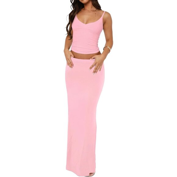 Women's Pink Two Piece Sets Sleeveless Spaghetti Pleated Tank Top Maxi Skirt